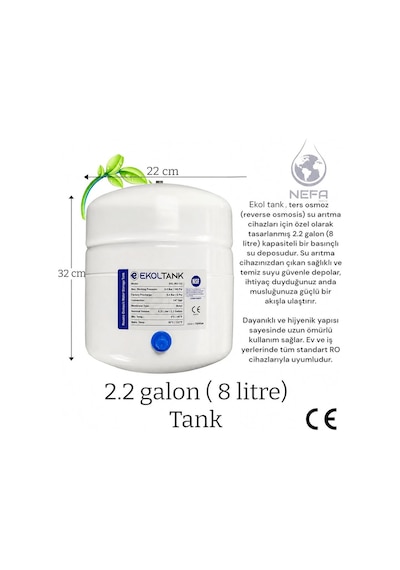 Su Arıtma Tankı 8 Lt Tüm Cihazlara Uyumlu, Paslanmaz Çelik Tank,