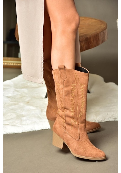 Fox Shoes R973934002 Taba Süet Kovboy Model Kadın Çizme Taba