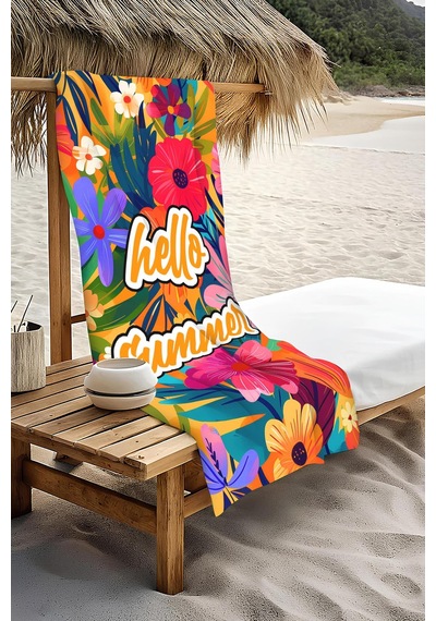 Dijital Baskı Plaj Deniz Havlusu Hello Summer Desenli Peştamal Hvl0095 Renkli