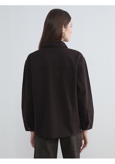Lcw Modest Kahverengi Gömlek Yaka Oversize Kadın Jean Ceket