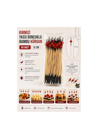 Kırmızı Yassı Boncuk Bambu Kürdan 12 Cm 50 Adet - 913959573