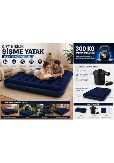 Çift Kişilik Şişme Yatak 300 Kg Taşıma Kapasiteli Elektrikli Pompalı 197x137x22 Cm Lacivert