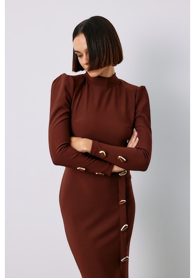 Sateen Düğme Detaylı Crop Bluz - Kahve-133634 Kahve