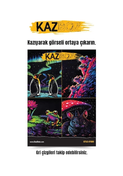 Ayrex Kazboz Kazıma Sanatı Seti, Hayvanlar Temalı, Kağıt, 205x290 Mm, Ahşap Kalem Dahil Diğer