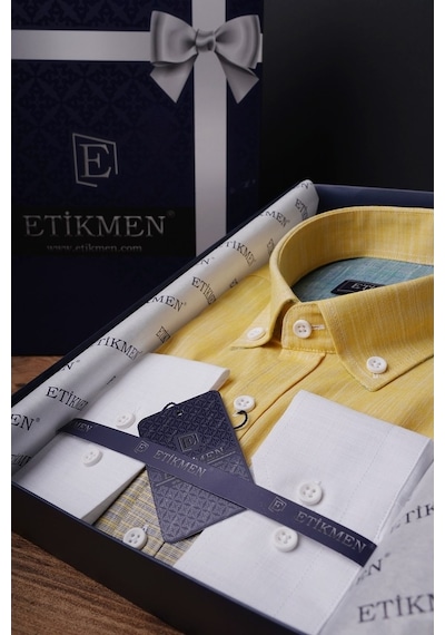 Panolu Sarı Yeşil Geçişli Slimfit Keten Erkek Gömlek Sarı