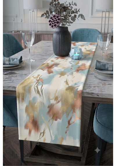 Premium Masa Runner Dijital Baskılı Soyut Şekil Desenli Dekoratif Salon Mutfak Yemek Masası Runner Örtüsü 45x140 Cm Sarı