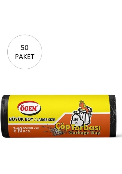 Büyük Boy Çöp Torbası 65 X 80 Cm 10 Lu Rulo X 50 Paket 500 Adet Siyah
