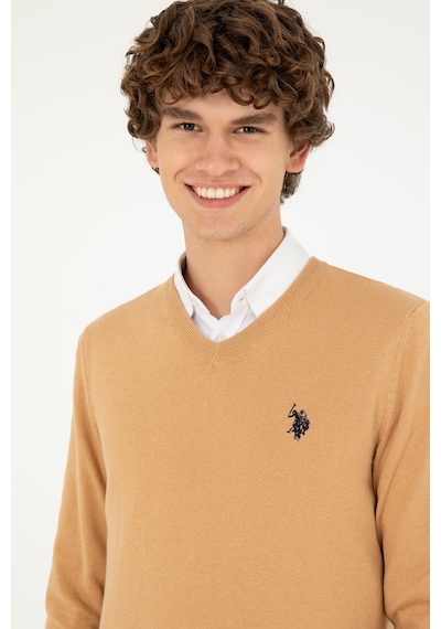 U.S. Polo Assn. Erkek Slim Fit V Yaka Camel Melanj Basic Kazak 50293512-VR122