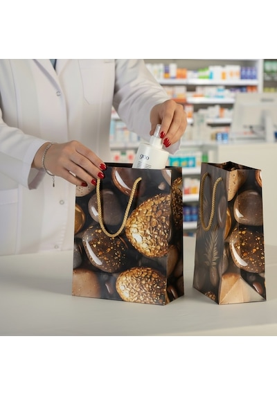 Eczane Hediyelik & Alışveriş Karton Çanta Körüklü Çakıl Taşları 14 x 20 x 8 CM 10 Adet
