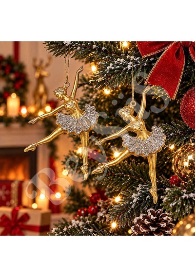 Yılbaşı Ağacı Süsü Gold Simli Balerin 2li 14 Cm