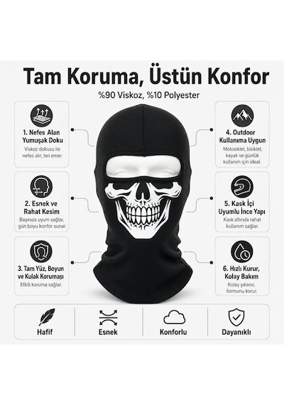 Womanandkids Wak Unisex Kuru Kafa Baskılı Balaklava 1 Adet Tek Beden Viskoz Kask İçi Motosiklet Maskesi Siyah