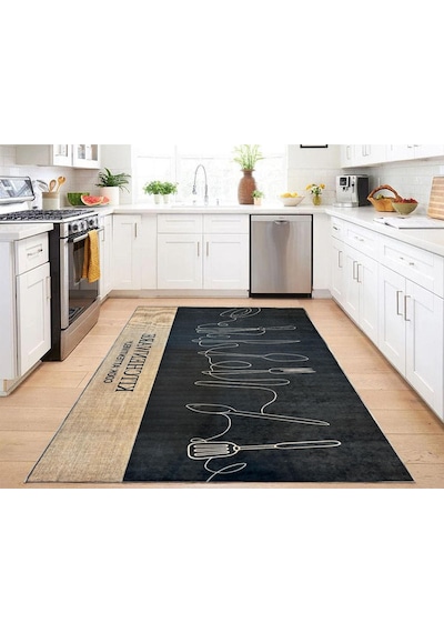 Mutfak Halısı Kitchen Yazılı Siyah Dijital Baskılı Kaymaz Taban Yıkanabilir Mutfak Halı