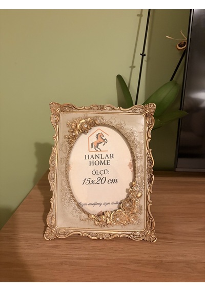 Güllü Barok Dikdörtgen Fotoğraf Çerçevesi Vizon & Eskitme Altın 15x20 Cm