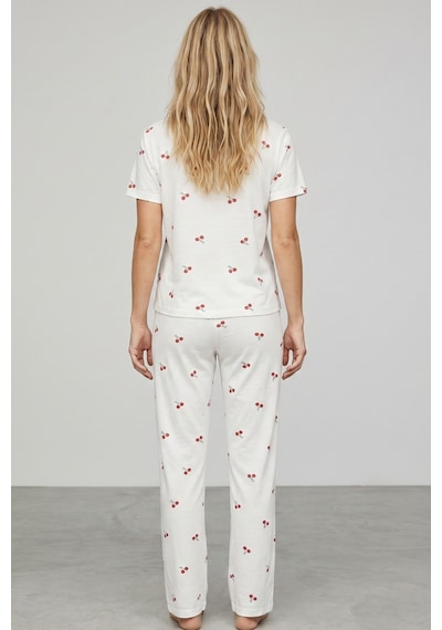 Siyah İnci İnce Soft Örme Mevsimlik Düğmeli Pijama Takımı 8002 Kiraz
