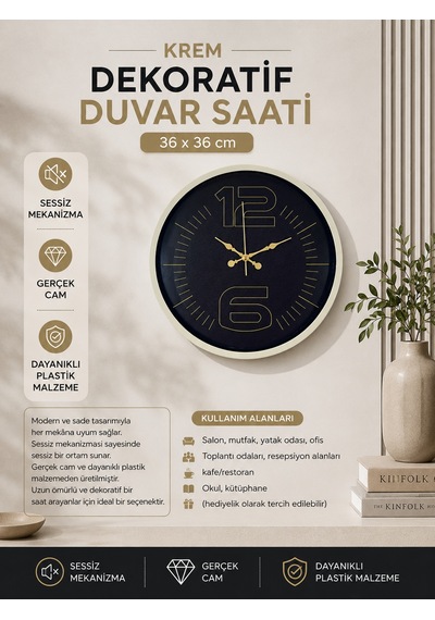 36 Cm Krem Dekoratif Duvar Saati Altın Roma Rakamlı Siyah Kadran