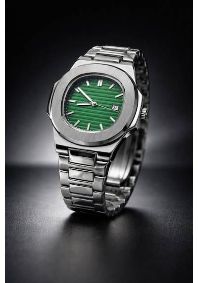 Patek Model Eşref Tek Saati Çelik Takvimli Yeşil - 830214920 Gümüş