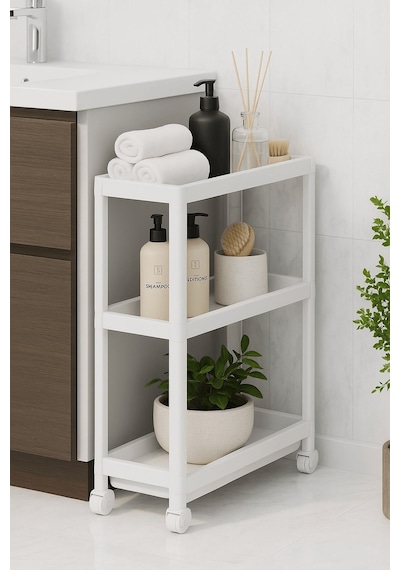 Flex Elite Pro 3 Katlı Beyaz Tekerlekli Çok Amaçlı Raf Ünitesi Banyo, Mutfak & Organizer - S-75 Beyaz