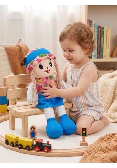 Meyveli Bebeğim 42cm Meyve Desenli Elbiseli Ve Şapkalı Oyun Arkadaşı El Yapımı Oyuncak Bez Bebek Mavi