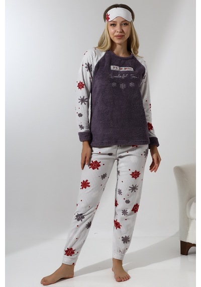 Fawn 5009 Peluş Welsoft Polar Kışlık Yumoş Kadın Pijama Takımı Koyu Gri
