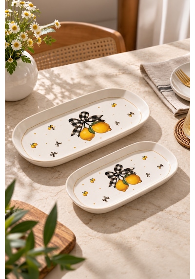 Porsima Lemon Porselen 2li Kayık Tabak Seti - Oval Kahvaltılık Sunumluk Seti Beyaz