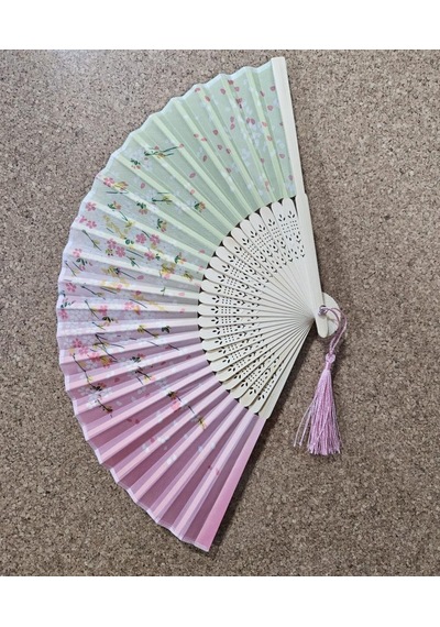 Beluga Yelpaze Bambu Kumaş Serinletici Vintage Şık Dekorasyon Pembe/yeşil Püsküllü Japon Yelpaze 0280