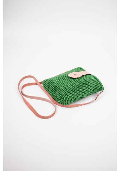 Fabric Craft Bag Çapraz Askılı Kadın Omuz Çantası Floş İplik Örgü Küçük Çanta Yeşil - Pembe
