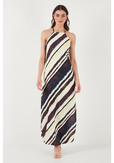 Lela Batik Desenli Relaxed Fit Halter Yaka Yırtmaçlı Uzun Bayan Elbise 67810556 Kahve-Sarı