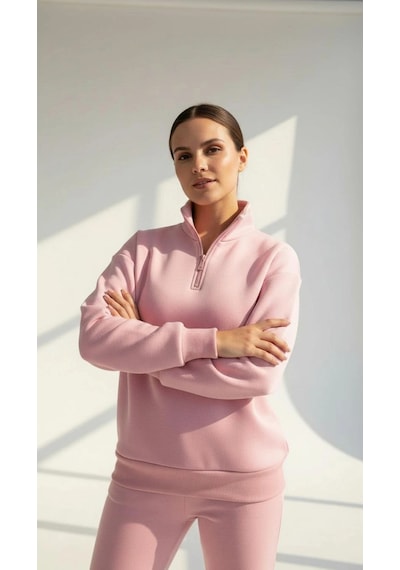 Kazax 3 İplik Şardonlu Yarım Fermuarlı Sweatshirt Somon Somon
