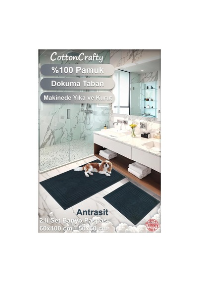 Cottoncrafty %100 Pamuk Dokuma Su Emici Banyo Paspas Seti, Banyo Halısı Vera 2 Li Set 60x100-60x50 Antrasit Diğer