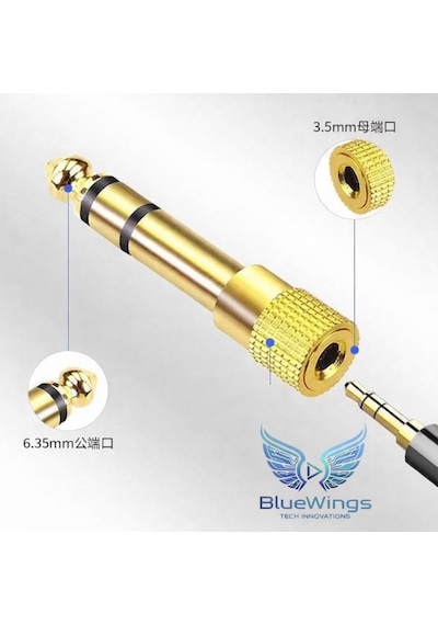 Blue Wings 6.35mm 3.5mm Jack Dönüştürücü Adaptör Altın Kaplama Amfi, Mikrofon, Kulaklık Uyumlu 5 Adet