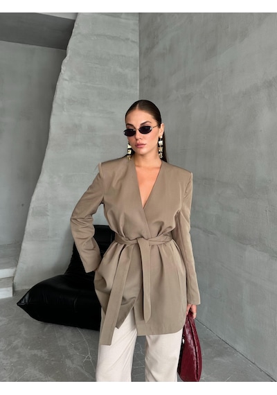 Haki Elegant Kuşaklı Ceket Haki
