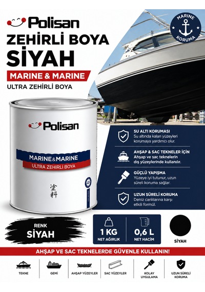 Polisan Zehirli Boya Siyah Gemi Yat Tekne Boyası 1 Kg 0,6 Litre