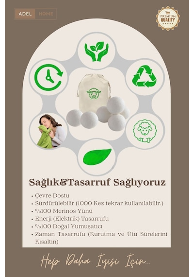 %100 Yün Kurutma Topları 6'lı Paket + Keten Saklama Torbası