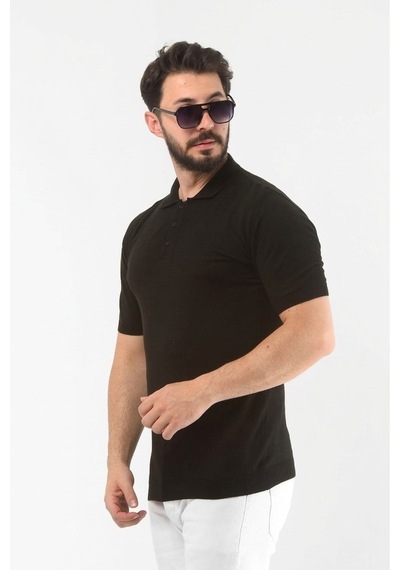 Onno Pamuk İplikli İnce Polo Yaka Düğmeli Triko Tshirt Siyah