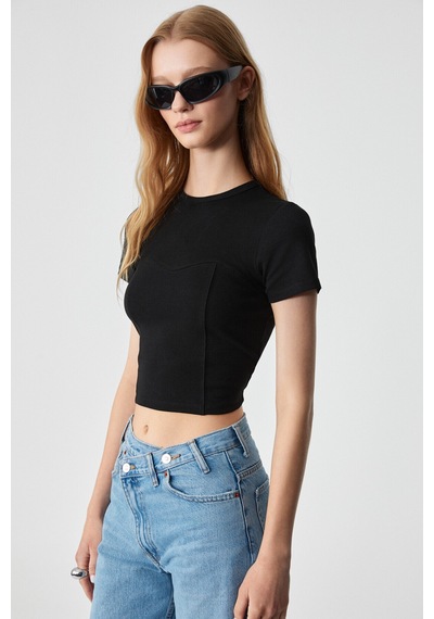 ETHIQUET CERAEN Kadın Slim Kısa Kol Bisiklet Yaka Siyah T-Shirt