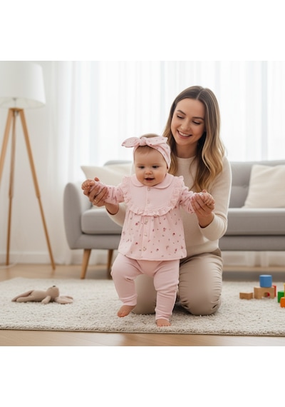 Ürünya Kız Bebek Uzun Kollu Desenli Bandanalı 3'lü Takım Pembe