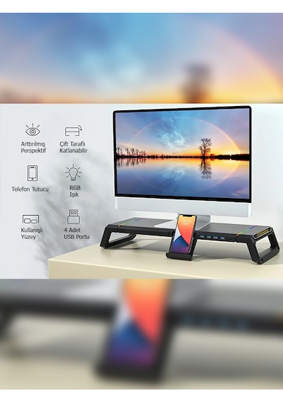 Masaüstü Stand Yükseltici Katlanabilir Rgb Çekmeceli Monitör Standı