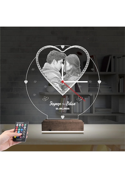 Luvivia Kalp Sevgiliye Hediye V1 Fotoğraflı Saatli 3d Lamba - Masa Gece Lambası