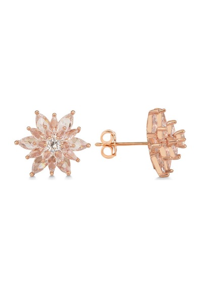Gümüş Rose 4 Katman Lotus Çiçeği Kadın Çivili Küpe Rose