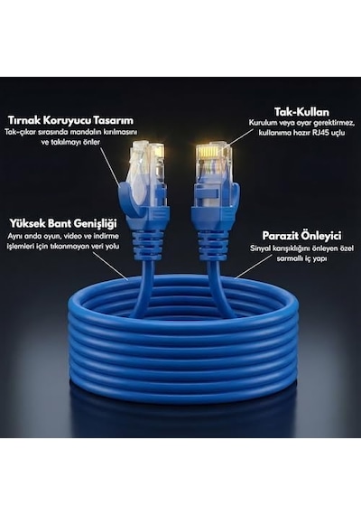 Cat6 Ethernet Kablosu 5 Metre - 1000 Mbps E Kadar Veri Aktarımı - Fabrikasyon Rj45 Konnektörlü - Mavi