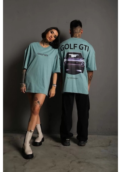 Twingold Kadın Oversize Baskılı Tişört Golf Gtı Retro Araba Desenli, Ön & Arka Dijital Baskı, Sokak Modası Mint Yeşili