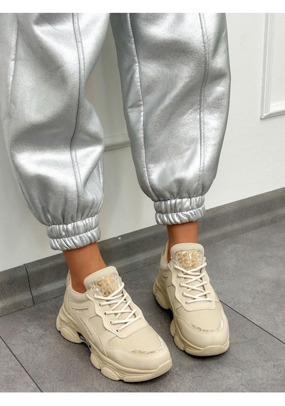 Erva'nın Butiği Bej Cilt Leo Leopar Detaylı Kadın Bağcıklı Sneakers-5201