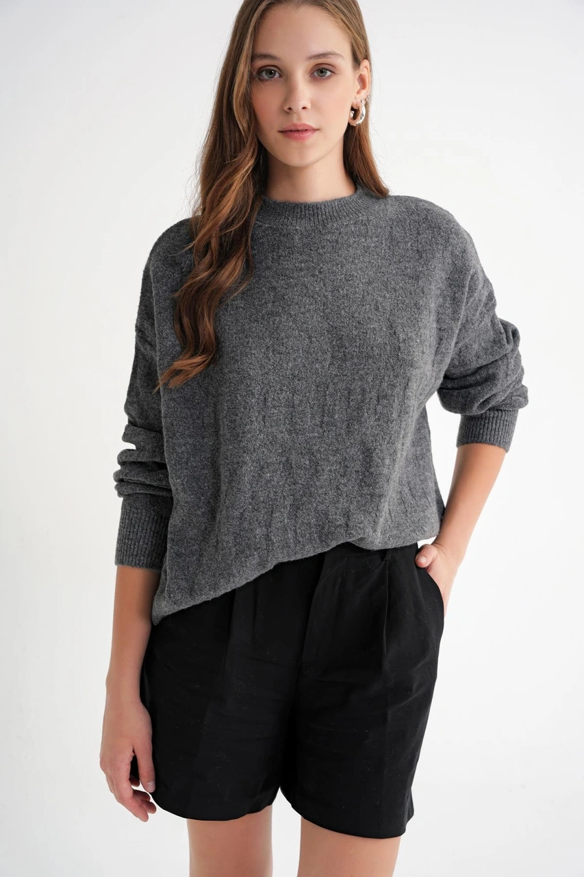 Mixray 6947 Kadın Kendinden Desenli Oversize Triko Kazak Antrasit