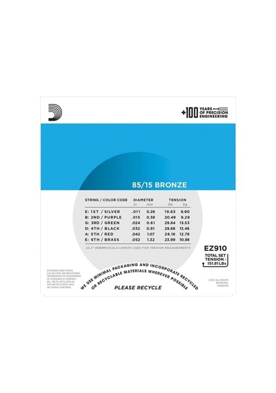Daddarıo Ez910 Akustik Gitar Tel Seti, 85/15 Bronze, Lıght Ga