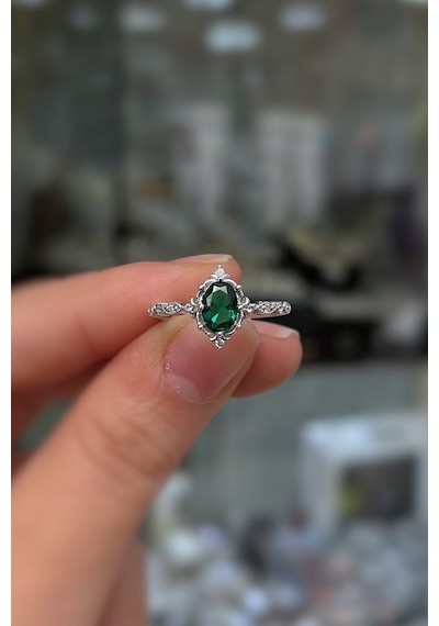 925 Ayar Gümüş Oval Kesim Yeşil Taşlı Vintage Tasarım Kadın Yüzük Gümüş