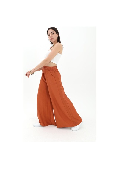 Wpr Geniş Kemerli Bol Paça Düz Keten Kadın Pantolon - Taba-taba Taba
