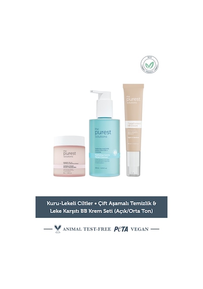 The Purest Solutions Kuru-Lekeli Ciltler • Çift Aşamalı Temizlik & Leke Karşıtı BB Krem Seti (Açık/Orta Ton)