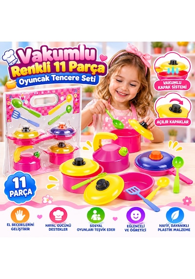Vakumlu Renkli 11 Parça Oyuncak Tencere Seti Pembe