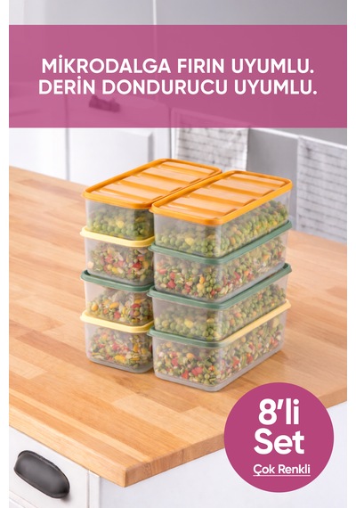 Vinoa 8'li 8x1.65 Litre Bpa Free Mikrodalga Ve Difrize Uygun Yıkanabilir Saklama Kabı Çok Renkli
