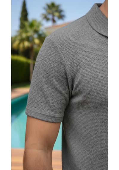 Fifty Color Unisex Trend Bürümcük Krinkıl Kumaş Yazlık Likralı Kısa Kol Tişört Eşofman Takım Gri